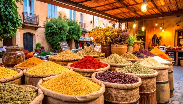 Colorful spice market under a covered area