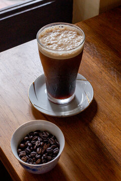Nitro cold brew coffee inside a cafe