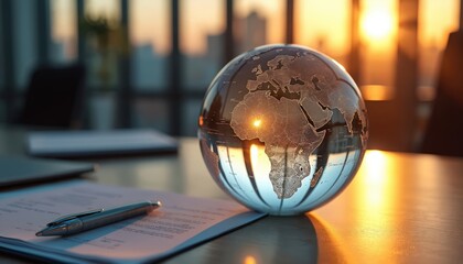 Close-up of transparent globe on desk reflecting warm light. Shattered earth map symbolizes global connections, challenges, office business, technology, communication.