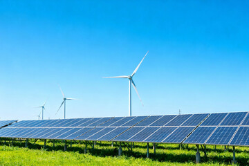 Renewable energy farm solar panels and wind turbines in green field