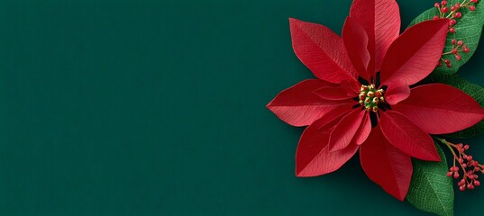 Obraz premium Festive red poinsettia flower on a dark green background, creating a classic and elegant christmas holiday scene