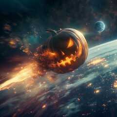 Obraz premium Halloween pumpkin meteor glowing Earth