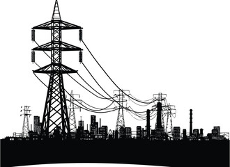 Electrical transmission tower vector illustration, high voltage power line vector, electricity pylon silhouette, energy grid infrastructure, utility tower design, industrial power distribution network