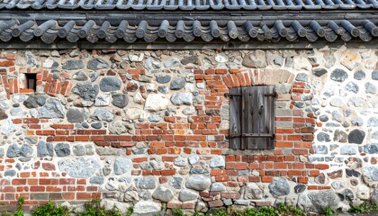 A rustic brick and stone wall, with a boarded window, below a tiled roof edge