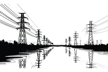 Electrical transmission tower vector illustration, high voltage power line vector, electricity pylon silhouette, energy grid infrastructure, utility tower design, industrial power distribution network