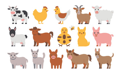 Obraz premium Farm animals flat vector illustration set, Cow, goat, sheep, pig, horse, camel, giraffe, chicken design