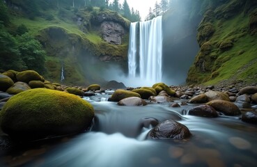 Gentle stream flows over mossy rocks at a misty waterfall base. Rich green Tasmania landscape features a powerful cascade in forest. Soft water motion blur captures serene natural beauty.
