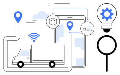 Truck connected to digital GPS pins, gear, wireless signal, and delivery symbols showcasing efficiency. Ideal for logistics, transportation, supply chain, innovation, digital tracking optimization