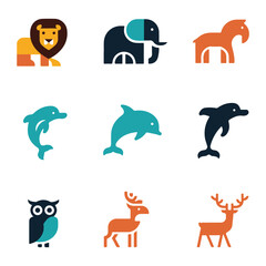 Flat Minimal Animal Silhouette Vector Icons, Dolphin, Owl, Deer and More