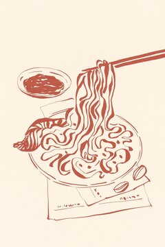 Asian food illustration noodles on plate with chopsticks and sauce
