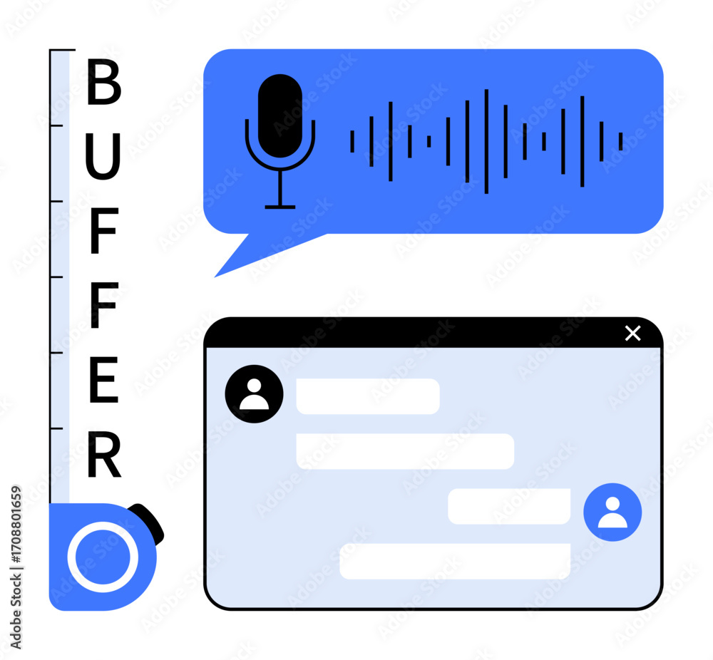 Poster microphone icon with soundwave, chat interface with user icons, and buffering scale. ideal for commu