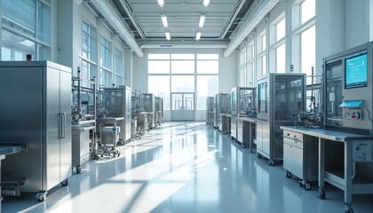 Modern bioprocessing lab with advanced biotechnology equipment for research, development. Features fermentation, purification, upstream, downstream processes in pharmaceutical, biochemical