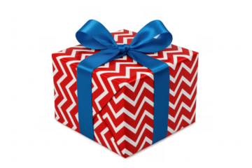 Red gift box with blue ribbon and chevron pattern on transparent background