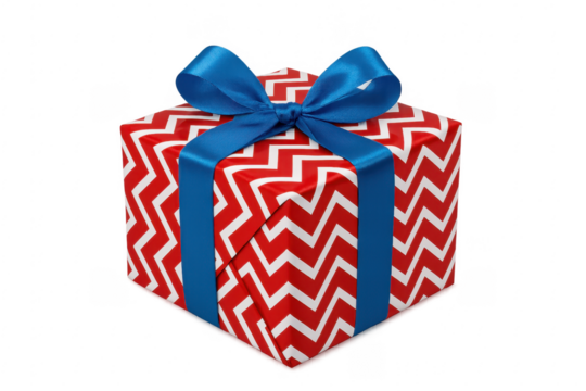 Red gift box with blue ribbon and chevron pattern on transparent background