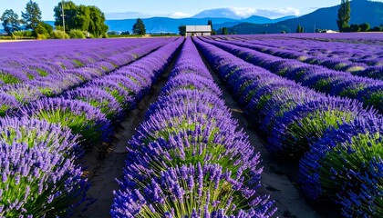 Rows of blooming purple lavender fields under blue sky lead to a barn in the distance