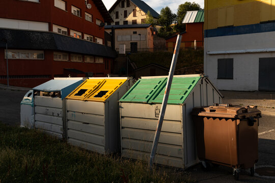 Colorful building and bins