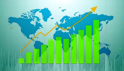 Global growth chart, world map with rising lines and green bars