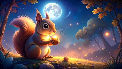 Cute squirrel holding an acorn under a bright full moon in a whimsical forest scene