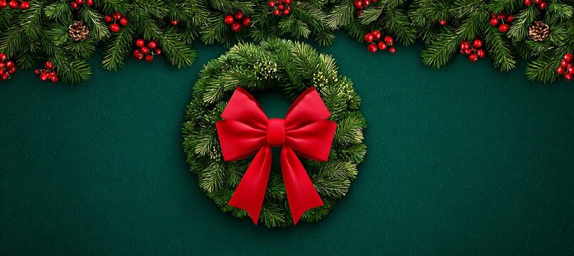 Festive christmas wreath with a red bow and garland on a green background, a symbol of the holiday season