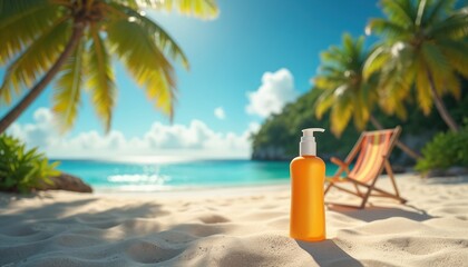 Fototapeta premium Orange sunscreen bottle with pump dispenser sits on sandy beach near lounge chair. Tropical paradise scene with palm trees, blue ocean, bright sunlight. Essential sun protection for summer vacation.