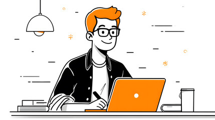 Man with Glasses Working on Laptop at Desk.