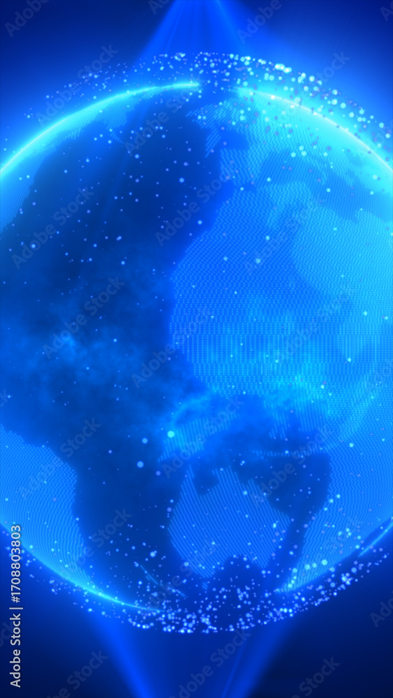 Poster glowing blue digital earth with sparkling particles and data patterns in space