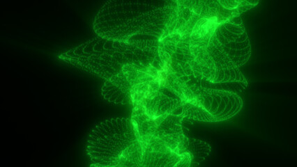 Vivid green glowing mesh twists into a complex spiral formation against a dark background, resembling a dynamic digital helix