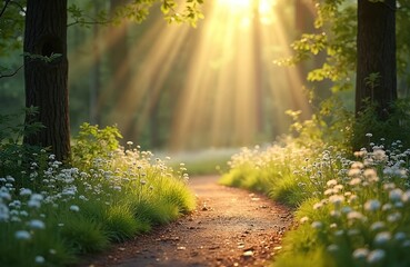 Sunlight streams through forest canopy illuminating path lined with wildflowers. Gentle light filters through trees creating ethereal atmosphere ideal for weddings, maternity shoots, nature