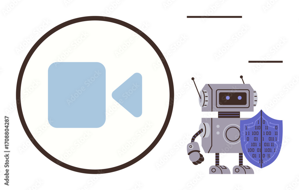 Poster robot holding a binary data shield symbolizing cybersecurity and protection near a simplified video 
