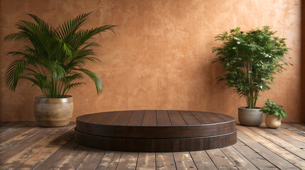 Obraz premium Round dark brown leather pedestal with plants and textured wall