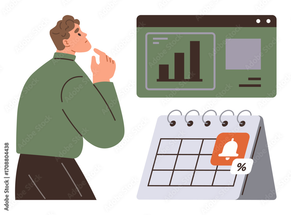 Poster man thinking near a bar graph on a website and a desk calendar with alert. ideal for time management