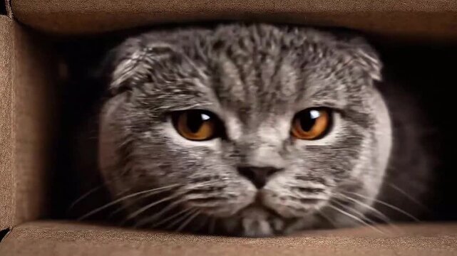Adorable grey Scottish Fold cat with big amber eyes peeking from a cardboard box. A funny close-up video showing intense curiosity, then slowly getting sleepy and shy.
