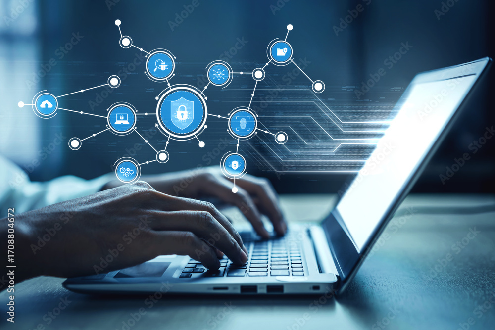 Poster close-up of hands typing on a laptop, surrounded by digital security icons and network connections, 