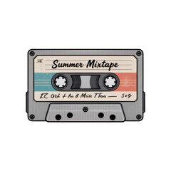 Vintage Cassette Tape Labeled Summer Mixtape with Retro Stripes audio cassette music isolated on a transparent background