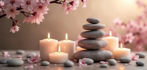 Zen stones stacked near lit candles, pink blossoms evoke peace, serenity. Spa scene promotes relaxation, meditation, balance. Soft light, flower petals create tranquil atmosphere for mindfulness,