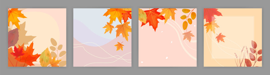 Autumn square backgrounds. Minimalistic style with elements of branches and leaves. Template for postcard, banner, invitation, social media post, poster, mobile app, web advertising. Vector