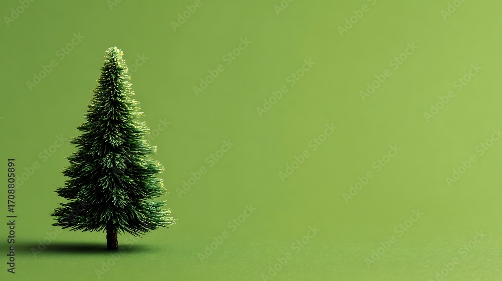 Poster miniature christmas tree on a green background with copy space for text or design elements