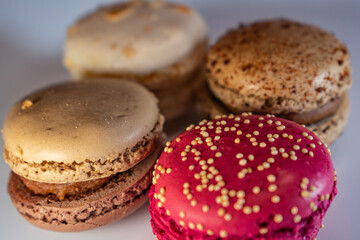 Colorful macarons on white floral plate against warm textured background. Red, beige, and chocolate tones with visible fillings. Cozy and inviting dessert still life.