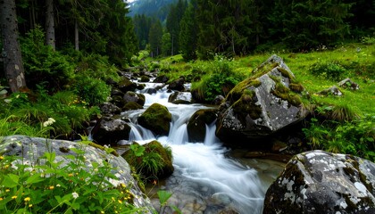 Mountain stream cascading through lush forest