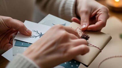 Close-up of hands wrapping handmade holiday cards