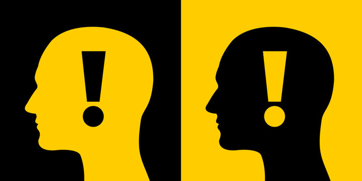 Head with exclamation mark - Warning and caution about dangerous and risky man. Human and danger, jeopardy, peril and risk. Vector illustration of yellow and black silhouette.