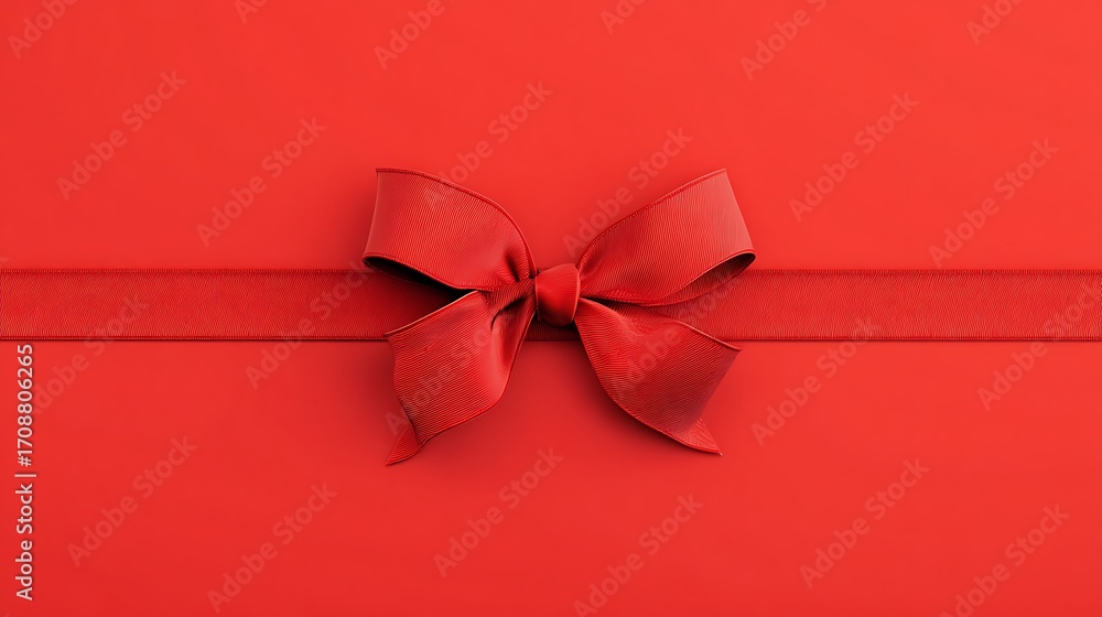 Poster a vibrant red ribbon bow, perfectly centered on a matching red background, creating a simple gift co