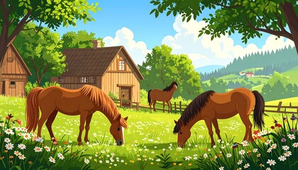 Horses graze in sunny meadow of wildflowers near a wooden barn under a blue sky