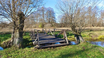 The river flows through grassy meadows where alders, willows and other trees grow. A wooden pedestrian bridge with a fence spans the river. Sunny autumn weather and blue sky