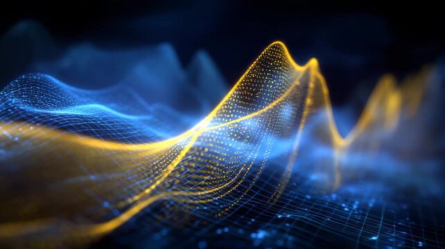 Dynamic visual waves in stunning blue and gold patterns create an abstract digital art experience with smooth transitions and captivating flows