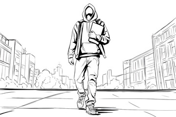 Hooded Figure Walking with Book in Urban Setting.