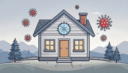 A house amidst a backdrop of viral particles