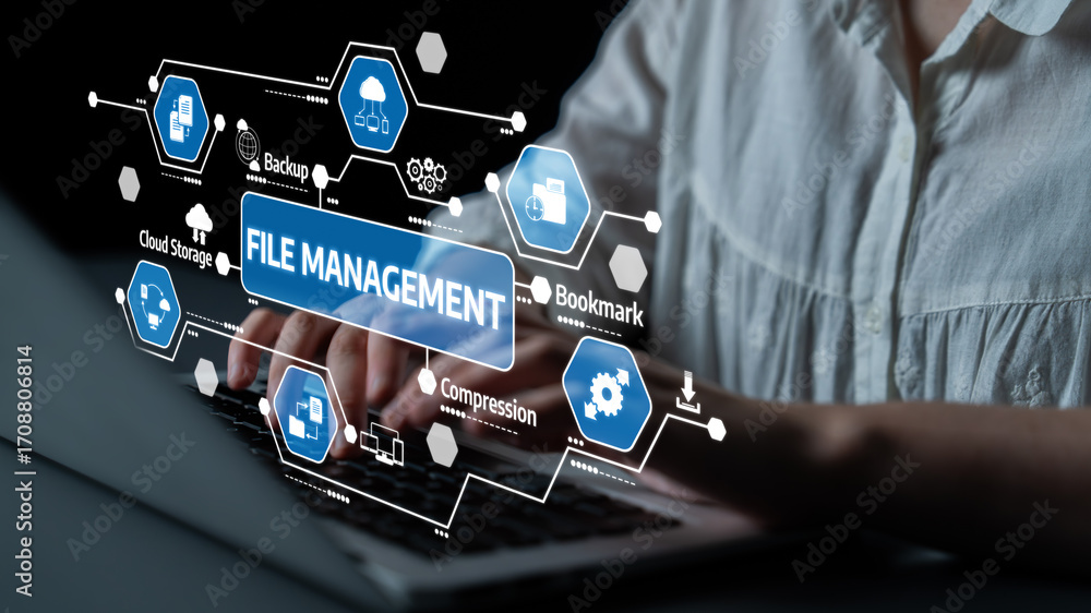 Aufkleber a person typing on a laptop keyboard surrounded by digital icons representing file management concep