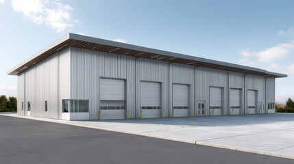 Industrial Elegance: A modern industrial building with a sleek design and functional architecture, reflecting progress and innovation, stands under a clear, azure sky.