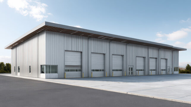 Industrial Elegance: A modern industrial building with a sleek design and functional architecture, reflecting progress and innovation, stands under a clear, azure sky.